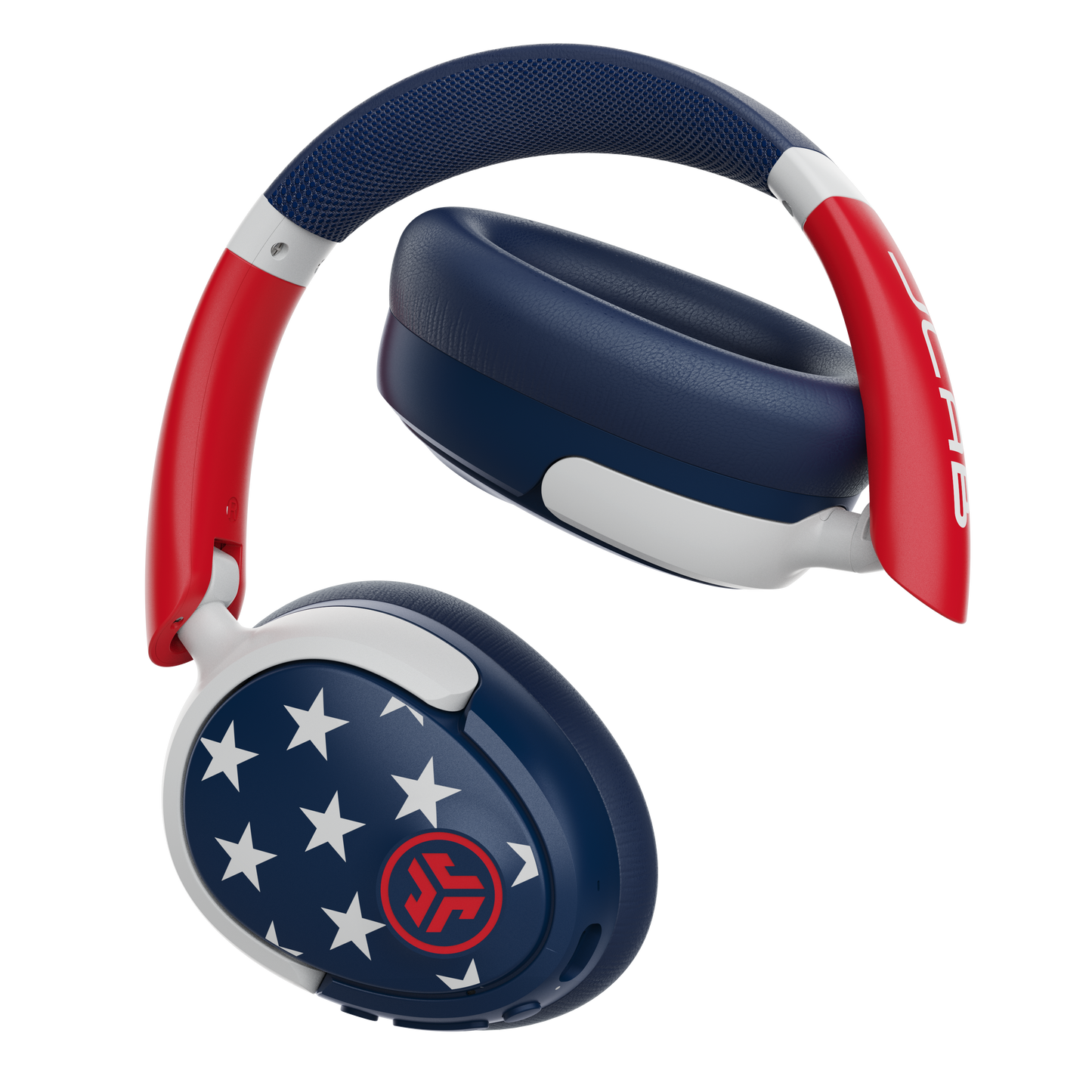 Headphones with red, white, and blue design on a white background