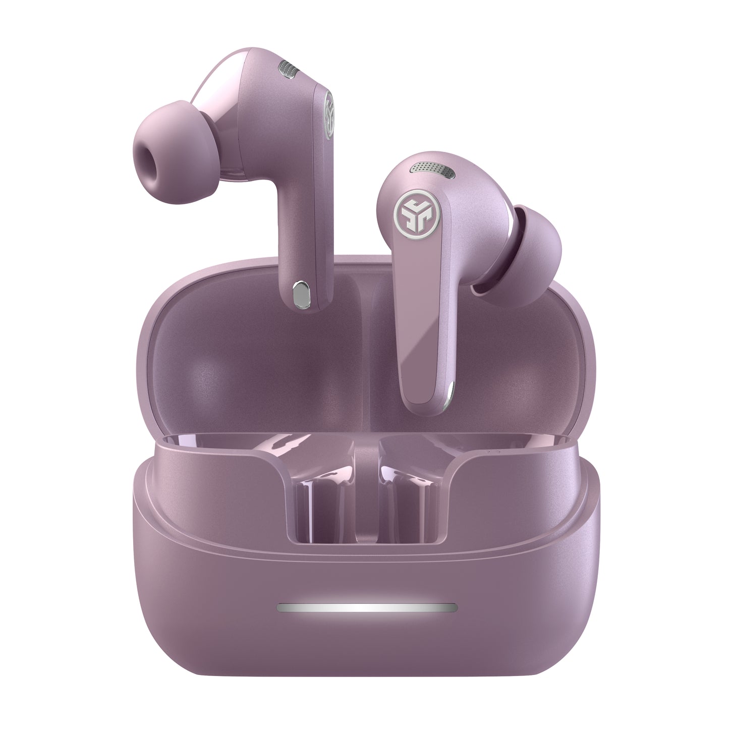 JBuds Pods ANC True Wireless Earbuds Mauve exploding out of case