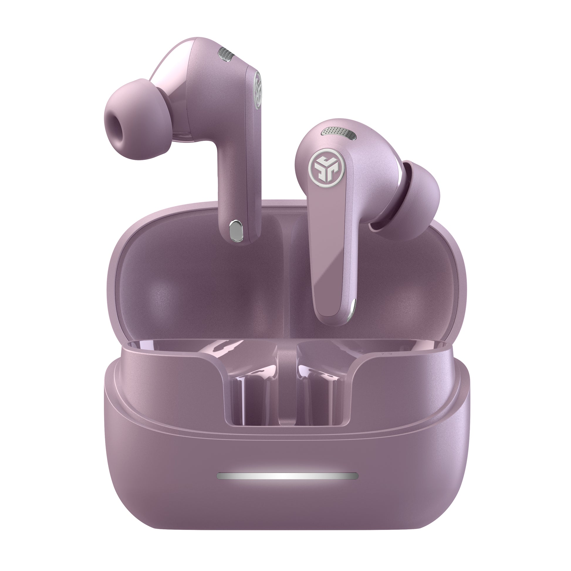 JBuds Pods ANC True Wireless Earbuds Mauve exploding out of case
