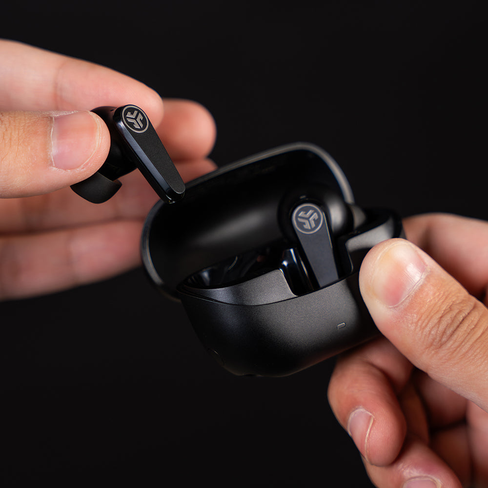 Go Pods ANC True Wireless Earbuds Black Earbuds and Case in hand