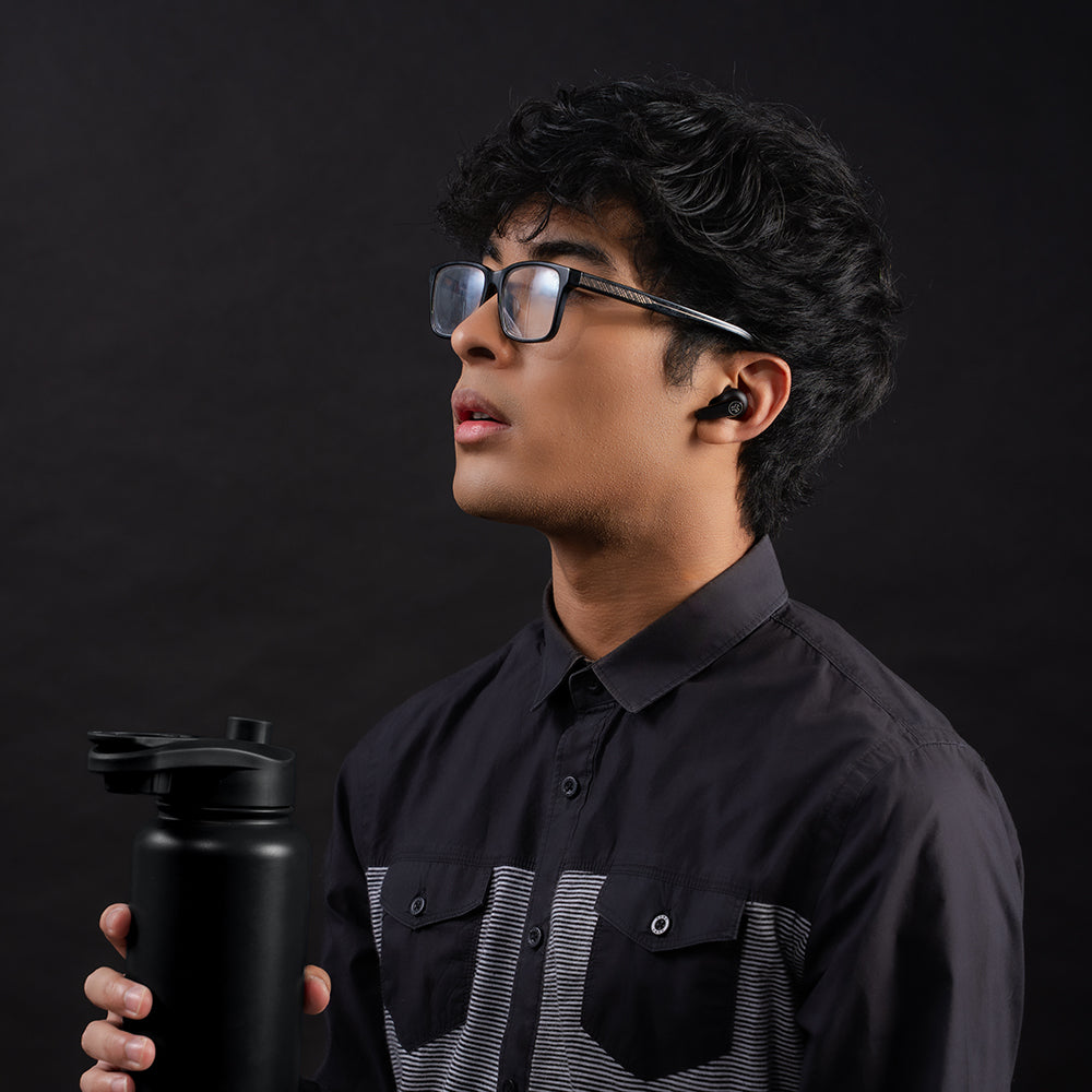 Go Pods ANC True Wireless Earbuds Black Earbuds on Model