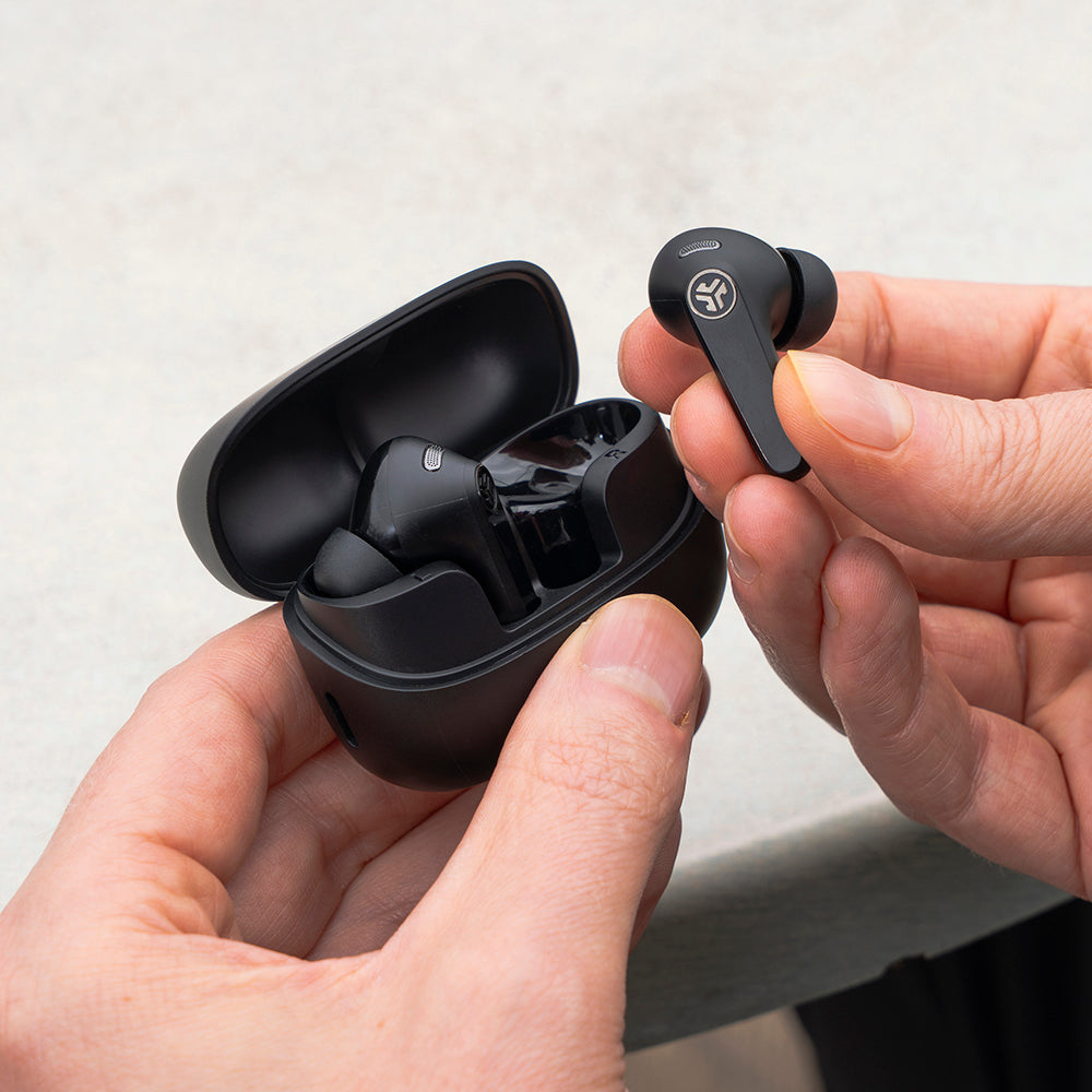 JBuds Pods ANC True Wireless Earbuds Black in model hand
