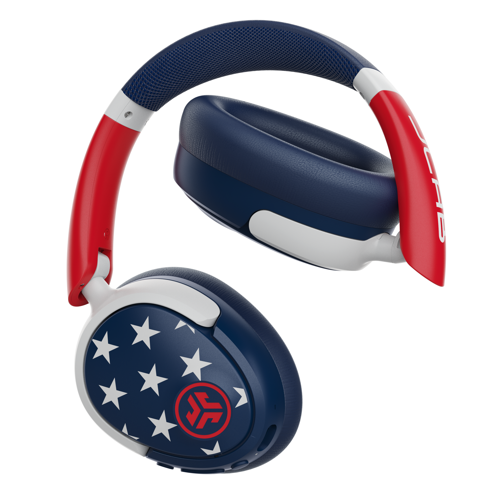 Headphones with red, white, and blue design on a white background