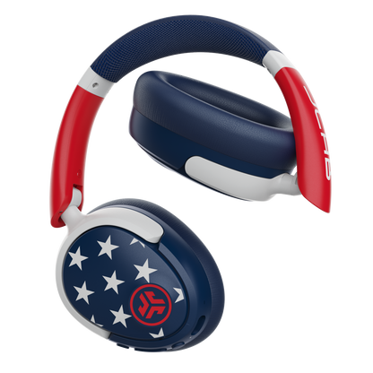 Headphones with red, white, and blue design on a white background