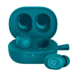 JLab JBuds Mini true wireless earbuds in teal, front view of case and buds