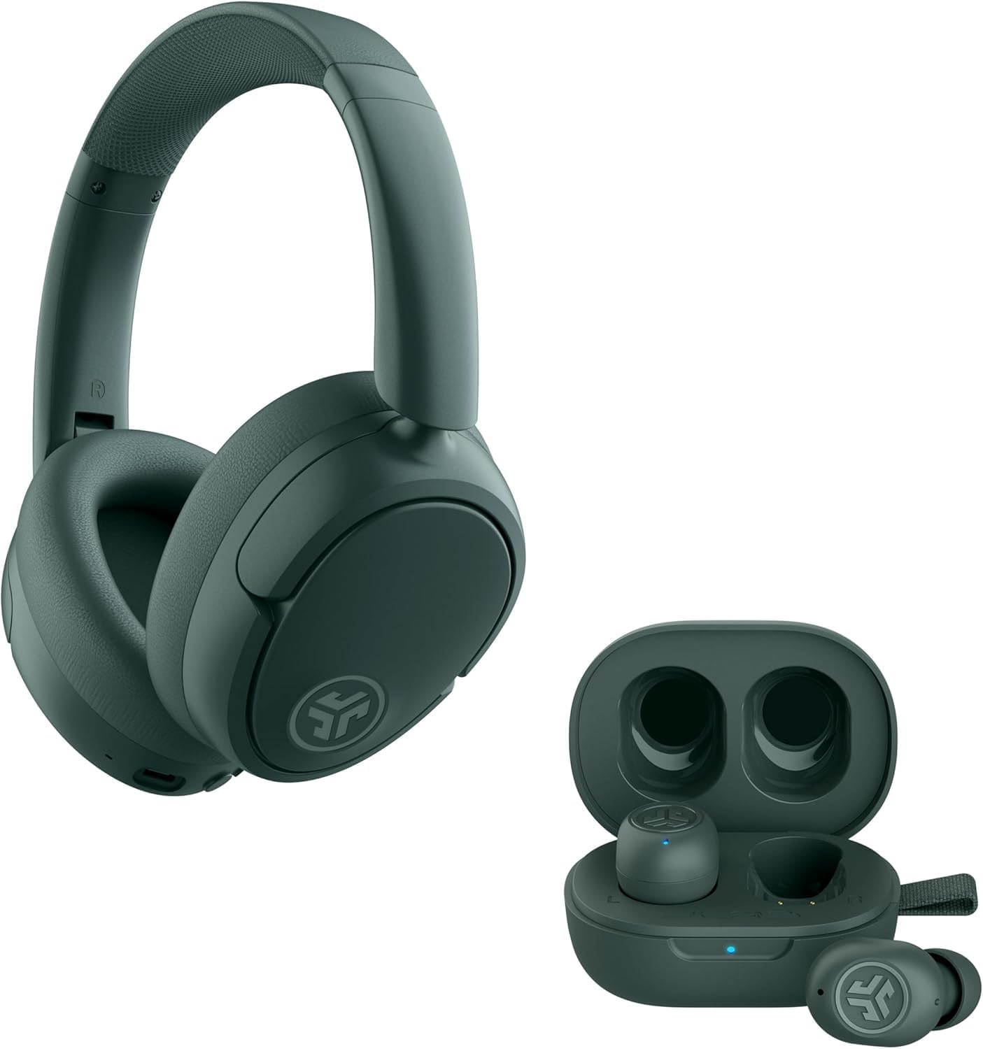 Dark green over-ear wireless headphones shown alongside a matching pair of true wireless earbuds and their charging case on a white background.