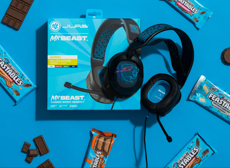 JLAB GAMING x MRBEAST Nightfall Wired Gaming Headset Feastables Mobile Banner
